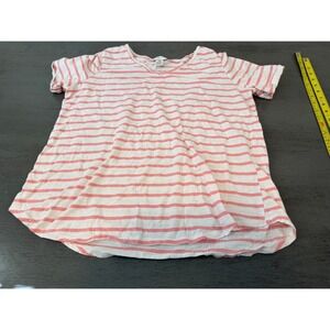 Linda Leal Pink White Striped V-Neck T-Shirt Women 2X Short Sleeve Slub Knit Top